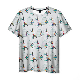 Мужская футболка 3D с принтом Ласточки в Курске, 100% полиэфир | прямой крой, круглый вырез горловины, длина до линии бедер | весна | клетка | ласточка | мозаика | письмо | птица | узор