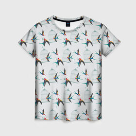 Женская футболка 3D с принтом Ласточки в Курске, 100% полиэфир ( синтетическое хлопкоподобное полотно) | прямой крой, круглый вырез горловины, длина до линии бедер | весна | клетка | ласточка | мозаика | письмо | птица | узор