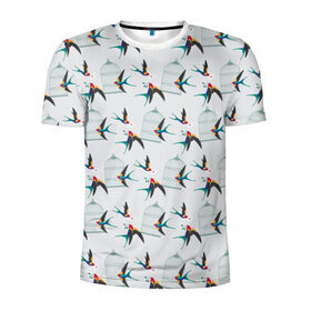 Мужская футболка 3D спортивная с принтом Ласточки в Курске, 100% полиэстер с улучшенными характеристиками | приталенный силуэт, круглая горловина, широкие плечи, сужается к линии бедра | весна | клетка | ласточка | мозаика | письмо | птица | узор