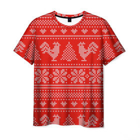 Мужская футболка 3D с принтом Вязанный свитер с петухами в Курске, 100% полиэфир | прямой крой, круглый вырез горловины, длина до линии бедер | 2017 | new year | год | новогодний | новый | огненный | петух | петушок | с новым годом