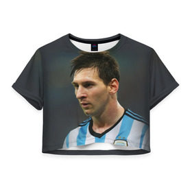 Женская футболка 3D укороченная с принтом Leo Messi в Курске, 100% полиэстер | круглая горловина, длина футболки до линии талии, рукава с отворотами | fc barcelona | football | lionel messi | messi | аргентина | барса | лео месси | фк барселона | футбол