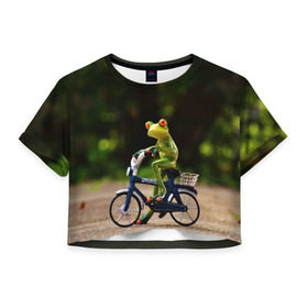 Женская футболка 3D укороченная с принтом Лягушка в Курске, 100% полиэстер | круглая горловина, длина футболки до линии талии, рукава с отворотами | велосипед | жаба | животные | лягушка | мини | фигурка