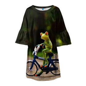 Детское платье 3D с принтом Лягушка в Курске, 100% полиэстер | прямой силуэт, чуть расширенный к низу. Круглая горловина, на рукавах — воланы | велосипед | жаба | животные | лягушка | мини | фигурка