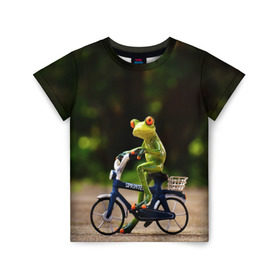 Детская футболка 3D с принтом Лягушка в Курске, 100% гипоаллергенный полиэфир | прямой крой, круглый вырез горловины, длина до линии бедер, чуть спущенное плечо, ткань немного тянется | велосипед | жаба | животные | лягушка | мини | фигурка