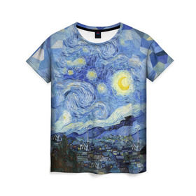Женская футболка 3D с принтом Звездная ночь в Курске, 100% полиэфир ( синтетическое хлопкоподобное полотно) | прямой крой, круглый вырез горловины, длина до линии бедер | starry night | ван гог | город | звезды | импрессионизм | луна | ночь | художник