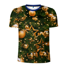 Мужская футболка 3D спортивная с принтом Праздничные шары в Курске, 100% полиэстер с улучшенными характеристиками | приталенный силуэт, круглая горловина, широкие плечи, сужается к линии бедра | елка | елочные | звезды | золото | игрушки | хвоя | шары