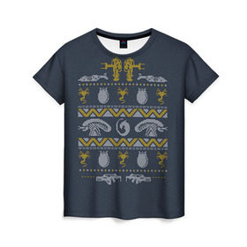 Женская футболка 3D с принтом Новогодний свитер Чужой в Курске, 100% полиэфир ( синтетическое хлопкоподобное полотно) | прямой крой, круглый вырез горловины, длина до линии бедер | alien | new year | новогодний