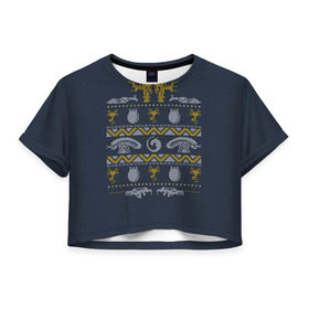 Женская футболка 3D укороченная с принтом Новогодний свитер Чужой в Курске, 100% полиэстер | круглая горловина, длина футболки до линии талии, рукава с отворотами | alien | new year | новогодний