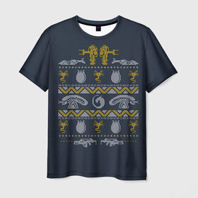 Мужская футболка 3D с принтом Новогодний свитер Чужой в Курске, 100% полиэфир | прямой крой, круглый вырез горловины, длина до линии бедер | alien | new year | новогодний