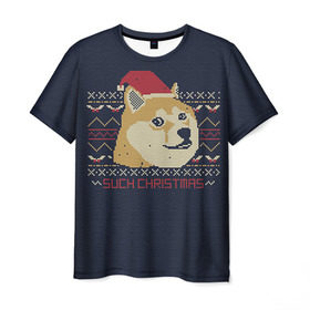 Мужская футболка 3D с принтом Новогодний свитер Doge в Курске, 100% полиэфир | прямой крой, круглый вырез горловины, длина до линии бедер | 2017 | new year | акита | год | мем | новогодний | новый | сиба ину