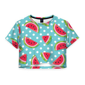 Женская футболка 3D укороченная с принтом Арбузный рай в Курске, 100% полиэстер | круглая горловина, длина футболки до линии талии, рукава с отворотами | berry | eat | fruit | pattern | sweet | watermelon | арбуз | еда | сладость | узор | фрукт | ягода