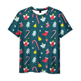 Мужская футболка 3D с принтом Новогодний узор в Курске, 100% полиэфир | прямой крой, круглый вырез горловины, длина до линии бедер | Тематика изображения на принте: ангел | ёлка | ель | зима | колокольчик | нг | новый год | олень | рождество | санта | снег