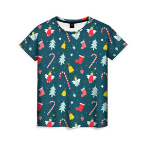 Женская футболка 3D с принтом Новогодний узор в Курске, 100% полиэфир ( синтетическое хлопкоподобное полотно) | прямой крой, круглый вырез горловины, длина до линии бедер | ангел | ёлка | ель | зима | колокольчик | нг | новый год | олень | рождество | санта | снег