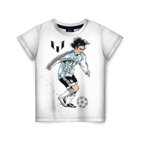 Детская футболка 3D с принтом Messi в Курске, 100% гипоаллергенный полиэфир | прямой крой, круглый вырез горловины, длина до линии бедер, чуть спущенное плечо, ткань немного тянется | Тематика изображения на принте: barselona | messi | аргентина | барселона | испания | месси | мяч | футбол