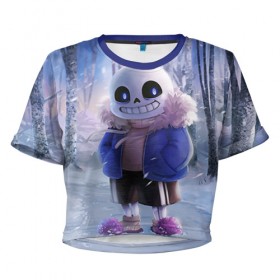 Женская футболка 3D укороченная с принтом Winter forest & Sans в Курске, 100% полиэстер | круглая горловина, длина футболки до линии талии, рукава с отворотами | sans | андертейл | подземелье | санс
