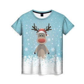 Женская футболка 3D с принтом Рудольф в Курске, 100% полиэфир ( синтетическое хлопкоподобное полотно) | прямой крой, круглый вырез горловины, длина до линии бедер | ангел | ёлка | ель | зима | колокольчик | нг | новый год | олень | рождество | санта | снег