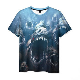 Мужская футболка 3D с принтом Голодные пираньи в Курске, 100% полиэфир | прямой крой, круглый вырез горловины, длина до линии бедер | еда | зубы | клыки | кровь | людоед | монстр | пираньи | пиранья | рыбы | ужас | хищник | челюсти | чудовище