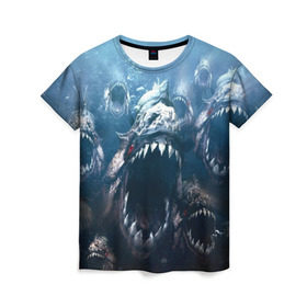 Женская футболка 3D с принтом Голодные пираньи в Курске, 100% полиэфир ( синтетическое хлопкоподобное полотно) | прямой крой, круглый вырез горловины, длина до линии бедер | еда | зубы | клыки | кровь | людоед | монстр | пираньи | пиранья | рыбы | ужас | хищник | челюсти | чудовище
