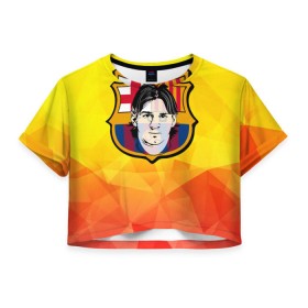 Женская футболка 3D укороченная с принтом Месси - Барселона в Курске, 100% полиэстер | круглая горловина, длина футболки до линии талии, рукава с отворотами | Тематика изображения на принте: barselona | messi | аргентина | барселона | испания | месси | футбол