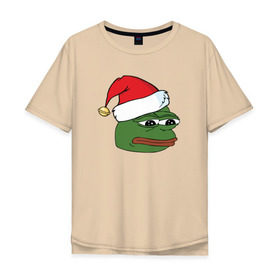 Мужская футболка хлопок Oversize с принтом New year sad frog в Курске, 100% хлопок | свободный крой, круглый ворот, “спинка” длиннее передней части | Тематика изображения на принте: pepe | новогодний | пепе | шапка