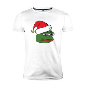 Мужская футболка премиум с принтом New year sad frog в Курске, 92% хлопок, 8% лайкра | приталенный силуэт, круглый вырез ворота, длина до линии бедра, короткий рукав | pepe | новогодний | пепе | шапка