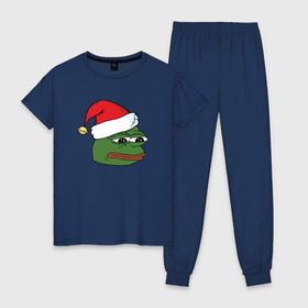 Женская пижама хлопок с принтом New year sad frog в Курске, 100% хлопок | брюки и футболка прямого кроя, без карманов, на брюках мягкая резинка на поясе и по низу штанин | pepe | новогодний | пепе | шапка