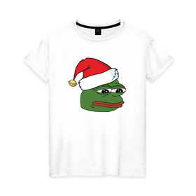 Женская футболка хлопок с принтом New year sad frog в Курске, 100% хлопок | прямой крой, круглый вырез горловины, длина до линии бедер, слегка спущенное плечо | Тематика изображения на принте: pepe | новогодний | пепе | шапка