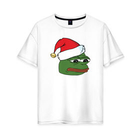 Женская футболка хлопок Oversize с принтом New year sad frog в Курске, 100% хлопок | свободный крой, круглый ворот, спущенный рукав, длина до линии бедер
 | Тематика изображения на принте: pepe | новогодний | пепе | шапка