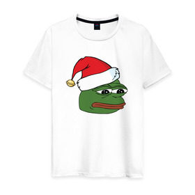 Мужская футболка хлопок с принтом New year sad frog в Курске, 100% хлопок | прямой крой, круглый вырез горловины, длина до линии бедер, слегка спущенное плечо. | pepe | новогодний | пепе | шапка