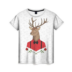 Женская футболка 3D с принтом Christmas Deer в Курске, 100% полиэфир ( синтетическое хлопкоподобное полотно) | прямой крой, круглый вырез горловины, длина до линии бедер | new year | олень | рождество | роза | снег | узор