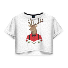 Женская футболка 3D укороченная с принтом Christmas Deer в Курске, 100% полиэстер | круглая горловина, длина футболки до линии талии, рукава с отворотами | new year | олень | рождество | роза | снег | узор