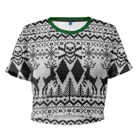 Женская футболка 3D укороченная с принтом Dead Christmas в Курске, 100% полиэстер | круглая горловина, длина футболки до линии талии, рукава с отворотами | new year | олень | рождество | снег | узор | череп