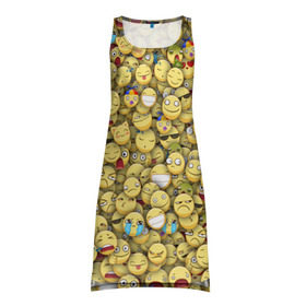 Платье-майка 3D с принтом Смайлики. Стикербомбинг в Курске, 100% полиэстер | полуприлегающий силуэт, широкие бретели, круглый вырез горловины, удлиненный подол сзади. | emoji | желтый | мем | смайл | стикербомбинг | текстура | улыбка | эмодзи