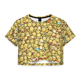 Женская футболка 3D укороченная с принтом Смайлики. Стикербомбинг в Курске, 100% полиэстер | круглая горловина, длина футболки до линии талии, рукава с отворотами | emoji | желтый | мем | смайл | стикербомбинг | текстура | улыбка | эмодзи