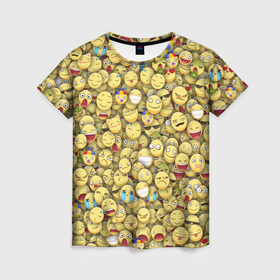 Женская футболка 3D с принтом Смайлики. Стикербомбинг в Курске, 100% полиэфир ( синтетическое хлопкоподобное полотно) | прямой крой, круглый вырез горловины, длина до линии бедер | Тематика изображения на принте: emoji | желтый | мем | смайл | стикербомбинг | текстура | улыбка | эмодзи