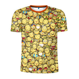 Мужская футболка 3D спортивная с принтом Смайлики. Стикербомбинг в Курске, 100% полиэстер с улучшенными характеристиками | приталенный силуэт, круглая горловина, широкие плечи, сужается к линии бедра | emoji | желтый | мем | смайл | стикербомбинг | текстура | улыбка | эмодзи