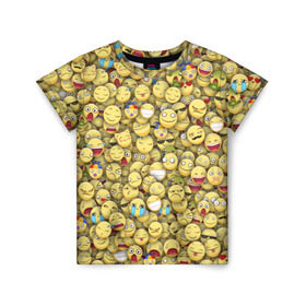 Детская футболка 3D с принтом Смайлики. Стикербомбинг в Курске, 100% гипоаллергенный полиэфир | прямой крой, круглый вырез горловины, длина до линии бедер, чуть спущенное плечо, ткань немного тянется | emoji | желтый | мем | смайл | стикербомбинг | текстура | улыбка | эмодзи