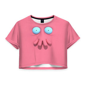 Женская футболка 3D укороченная с принтом Доктор Зойдберг в Курске, 100% полиэстер | круглая горловина, длина футболки до линии талии, рукава с отворотами | Тематика изображения на принте: будущее | врач | краб | лицо | розовый | фантастика | футурама | щупальца