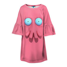Детское платье 3D с принтом Доктор Зойдберг в Курске, 100% полиэстер | прямой силуэт, чуть расширенный к низу. Круглая горловина, на рукавах — воланы | будущее | врач | краб | лицо | розовый | фантастика | футурама | щупальца