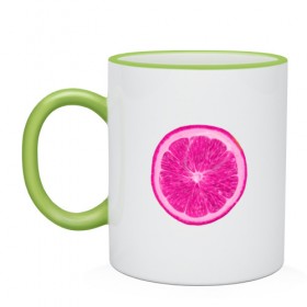 Кружка двухцветная с принтом Розовый лимон в Курске, керамика | объем — 330 мл, диаметр — 80 мм. Цветная ручка и кайма сверху, в некоторых цветах — вся внутренняя часть | еда | кислый | лимон | розовый цвет | фрукт