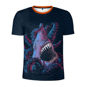 Мужская футболка 3D спортивная с принтом Underwater Fight в Курске, 100% полиэстер с улучшенными характеристиками | приталенный силуэт, круглая горловина, широкие плечи, сужается к линии бедра | акула | осьминог