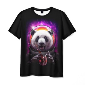 Мужская футболка 3D с принтом Panda Cosmonaut в Курске, 100% полиэфир | прямой крой, круглый вырез горловины, длина до линии бедер | bear | galaxy | panda | space | star | астронавт | галактика | звезда | космонавт | космос | медведь | панда