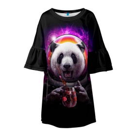 Детское платье 3D с принтом Panda Cosmonaut в Курске, 100% полиэстер | прямой силуэт, чуть расширенный к низу. Круглая горловина, на рукавах — воланы | bear | galaxy | panda | space | star | астронавт | галактика | звезда | космонавт | космос | медведь | панда