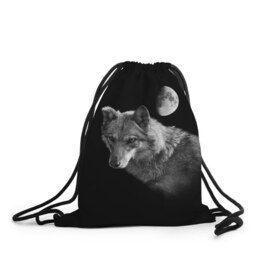 Рюкзак-мешок 3D с принтом Ночной Волк в Курске, 100% полиэстер | плотность ткани — 200 г/м2, размер — 35 х 45 см; лямки — толстые шнурки, застежка на шнуровке, без карманов и подкладки | Тематика изображения на принте: волк | волки | животные | звери | луна | ночь | серый | черно белый