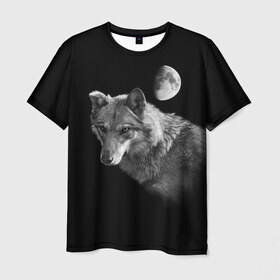 Мужская футболка 3D с принтом Ночной Волк в Курске, 100% полиэфир | прямой крой, круглый вырез горловины, длина до линии бедер | волк | волки | животные | звери | луна | ночь | серый | черно белый