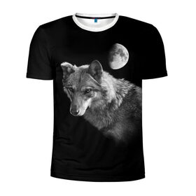 Мужская футболка 3D спортивная с принтом Ночной Волк в Курске, 100% полиэстер с улучшенными характеристиками | приталенный силуэт, круглая горловина, широкие плечи, сужается к линии бедра | волк | волки | животные | звери | луна | ночь | серый | черно белый