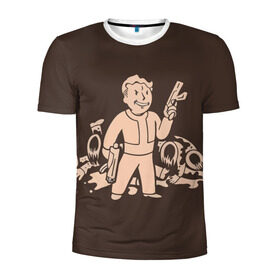 Мужская футболка 3D спортивная с принтом Волт-бой с оружием Fallout 4 в Курске, 100% полиэстер с улучшенными характеристиками | приталенный силуэт, круглая горловина, широкие плечи, сужается к линии бедра | 111 | dweller | fallout | убежище | фаллаут