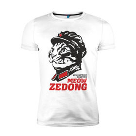 Мужская футболка премиум с принтом Meow Zedong Revolution forever в Курске, 92% хлопок, 8% лайкра | приталенный силуэт, круглый вырез ворота, длина до линии бедра, короткий рукав | кот революция