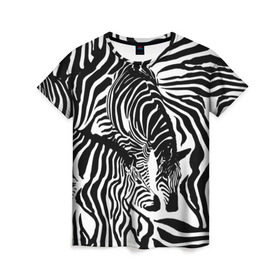 Женская футболка 3D с принтом Зебра в Курске, 100% полиэфир ( синтетическое хлопкоподобное полотно) | прямой крой, круглый вырез горловины, длина до линии бедер | дикое | животное | зебра | камуфляж | лошадь | маскировка | полосы | текстура | фон | черно белые