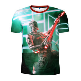 Мужская футболка 3D спортивная с принтом Rocker Robot в Курске, 100% полиэстер с улучшенными характеристиками | приталенный силуэт, круглая горловина, широкие плечи, сужается к линии бедра | rock | гитара | музыка | робот | рок
